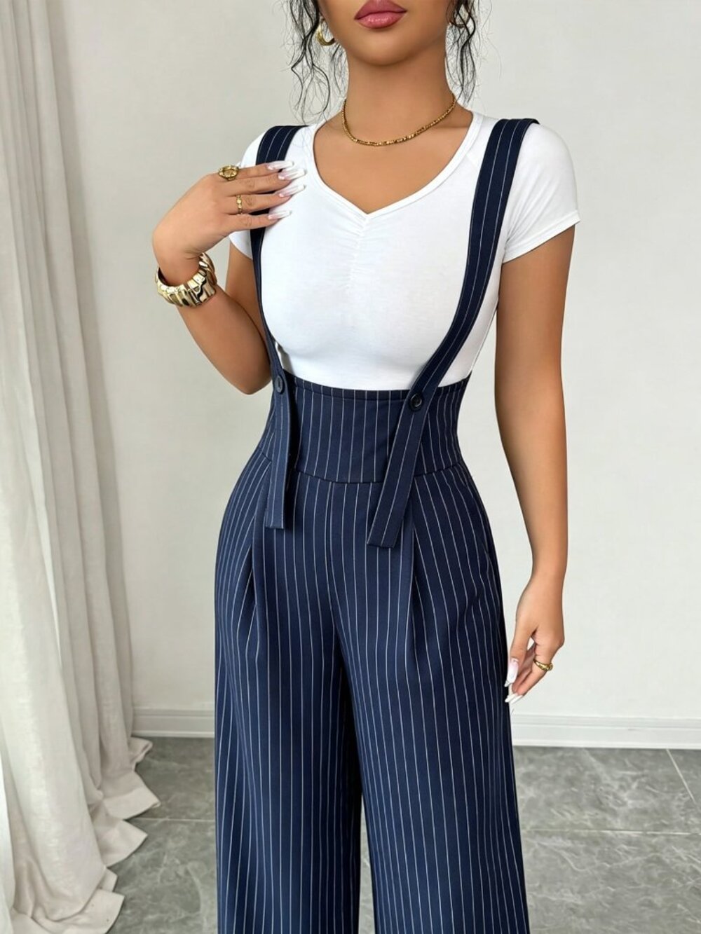 Navy Blue Casual Women's Striped Ultra High Waist Loose Long Overall - Picture 6 of 6